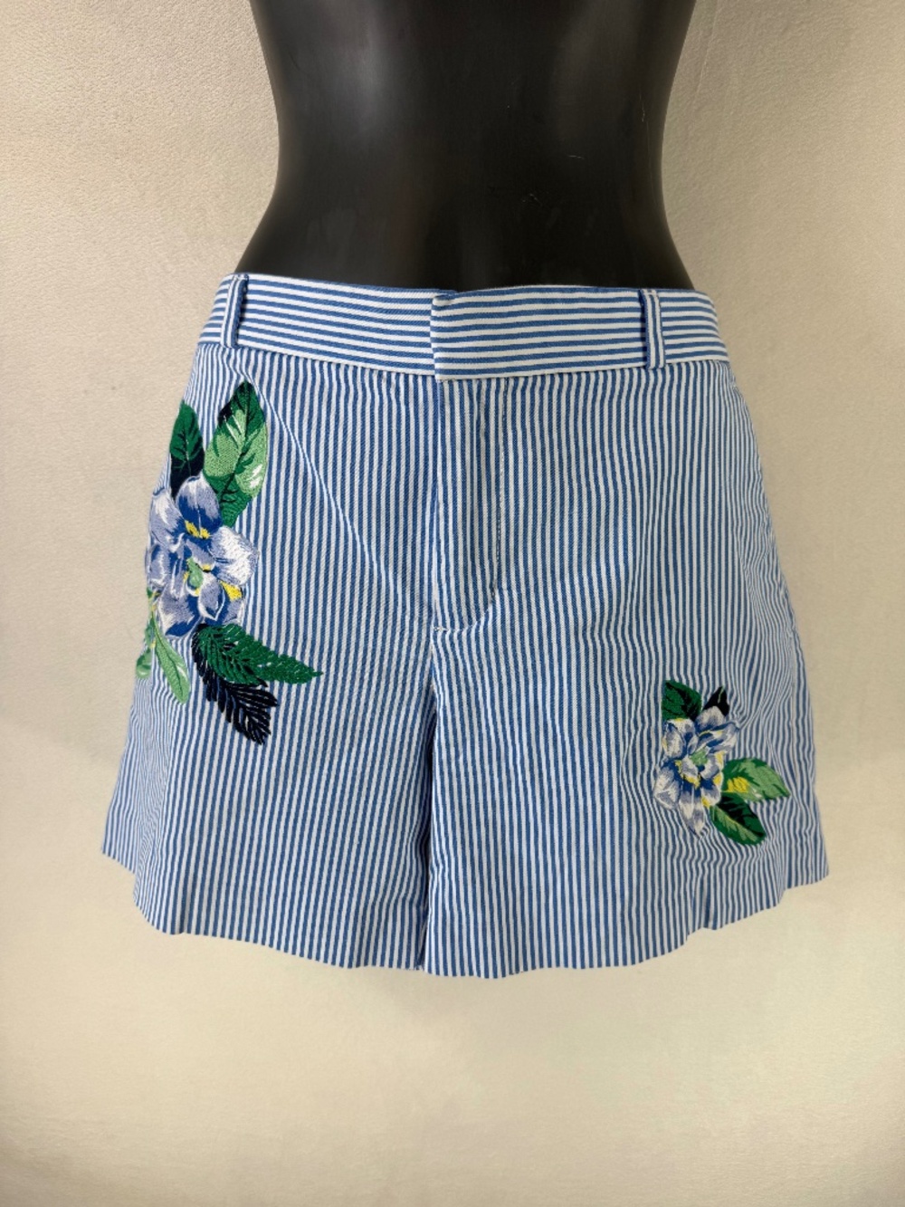 Banana Republic Blue and White Striped Floral Embroidered Bermuda Shorts